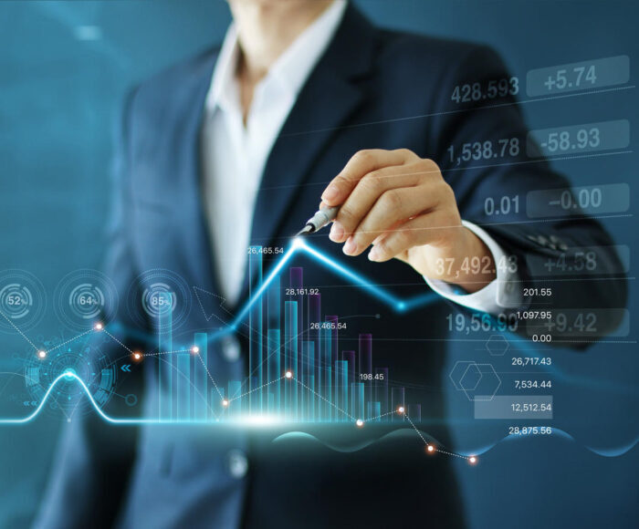 Businessman draw growth graph and progress of business and analyzing financial and investment data ,business planning and strategy on blue background.